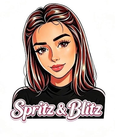 Illustrated woman with burgundy and blonde highlighted hair wearing black turtleneck with Spritz & Blitz logo text below