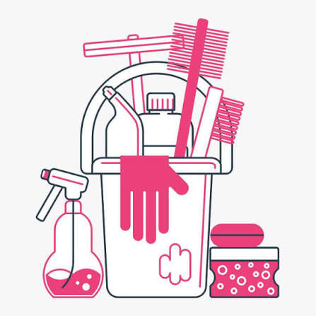Illustration of cleaning supplies including brushes, spray bottle, gloves, and storage container in pink and white colors